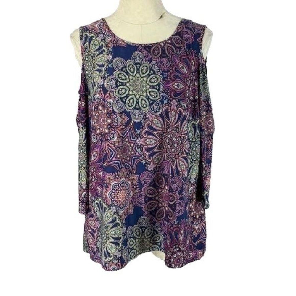 Tacera Woman's Cold Shoulder Paisley Long Sleeve Blouse Size Large